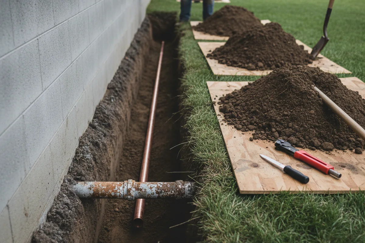 Excavated water line trench during Sewer Line Repair in Smock